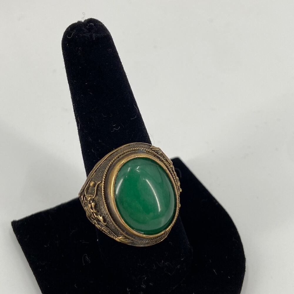 Vintage Dragon Antiqued Brass Green Stone Ring